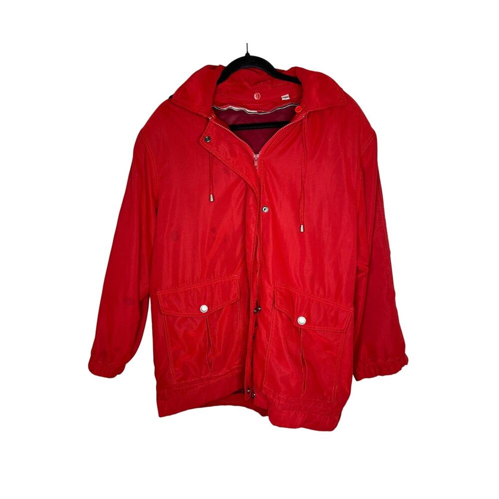 VTG London Fog Parka Jacket Womens M Red Raincoat Removable Hood Mid Length Coat